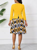 Womens 3/4 Sleeve Geometry Print Square Neck Patchwork Elegant Yellow A-Line Casual Party Fit And Flare Skater Swing Dress