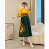 Tie Flower Design Women's Pleated Dress O-neck Long Sleeve Colorblock Patchwork Chic Beading Loose Famale Clothes