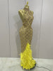Sparkly Red Rhinestones Feather Sexy Mesh See Through Long Dress Women Birthday Evening Nightclub DJ Dancer Stage Costume