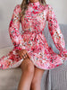 Elegant Mock Neck Belted Ruffle Hem Floral Print Dress For Spring & Fall, Women's Clothing