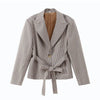 Women Checked Belt Jacket Shorts Set Retro Chic Full Sleeve Lapel Buttons Pockets Blazer Sets Lady Daily Commute Street Outfit