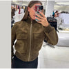 Women's Cropped Bomber Jacket Stand Collar Zipper Patch Pocket Rib Trim Long Sleeve Short Coat Vintage Autumn Casual Outfit