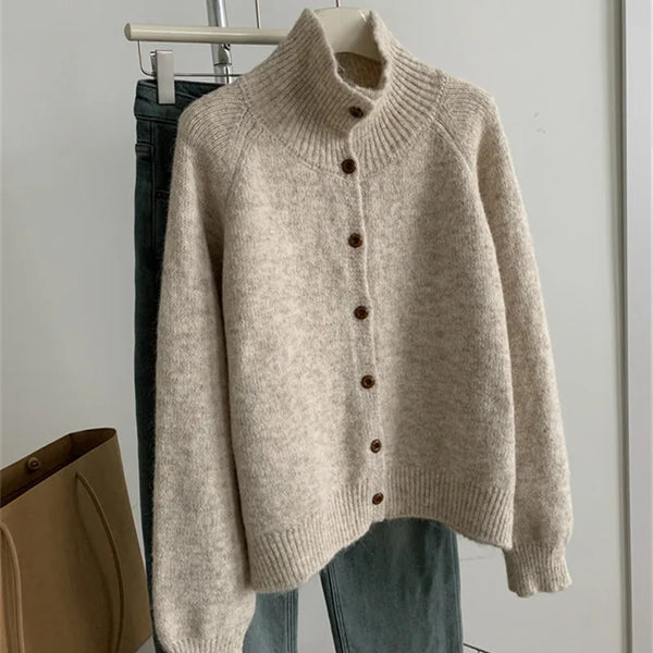 Autumn Winter Women Korean Vintage Cardigan Knitted Sweater Coat Turtleneck Long Sleeve Knitwear Female Clothes Sweater Jacket