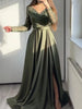 Long Sleeve Casual Waist Pleated Gowns Dress Women Elegant Split Satin Party Dress Sexy V-neck Embroidered Lace Patchwork Dress