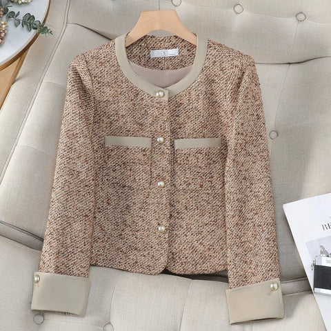 Korean Vintage Tweed Short Jackets Streetwear Slim Coat Spring Long Sleeve All-Match Wool Blend Elegant Blazer Jacket Female Top