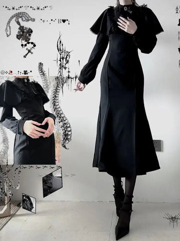 Darkly Gothic Style Skinny Long Sleeve Cape Dress Women Spring Y2k Vintage Fishtail Dress Female Design Chic Black Slim Clothing