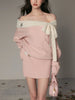Vintage Off Shoulder Knit Dress Women Autumn Winter Sweet Style Long Sleeve Bow Design Dress Thick Warm Elegant Outfit