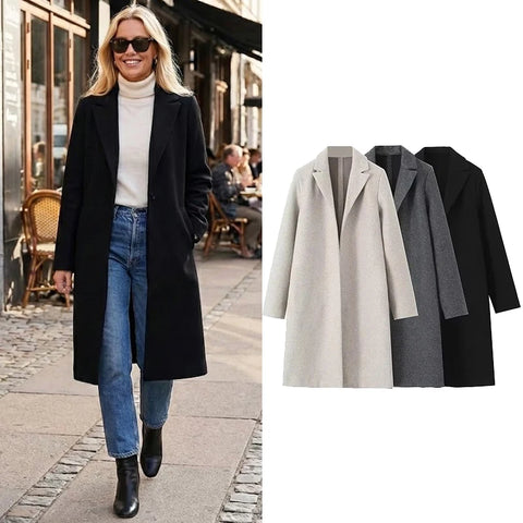 Women Solid Open Stitch Long Trench Coats Vintage V-Neck Full Sleeves Female Chic Lady Outfits