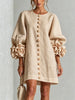 High‑quality Women Loose Short Tunic Dress 3D Stereo Big Flower Cuff Lantern Long Sleeve Button Front Dress Casual Daily Wear