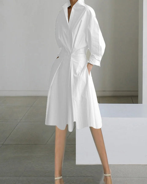 Women's V Neck Shirt Dress with Long Puff Sleeves and Cinched Waist, Casual A Line Midi Dress for Daily Office Wear