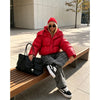Women Bright Red Hooded Puffer Jacket Oversized Collar Horizontal Quilted Thick Padded Cropped Coat Warm Outerwear Winter Coats