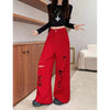 Women Red Ripped Jeans Baggy Vintage Aesthetic Streetwear Cowboy Pants Harajuku Oversize Denim Trousers Y2k 2000s Clothes