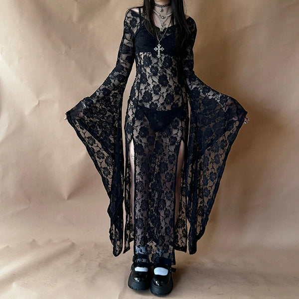 E-girl Goth Punk Bodycon Slip Dress Women Sheer Lace Maxi Dress Bat Long Sleeve Y2k Fairy Grunge See Through Split Flowy Dress