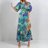 Early Spring O Neck Fit Mermaid Dress Lady Party Pleated Dress Temperament Lantern Sleeve Print Wrap Hips Long Dress
