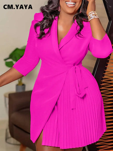 Women Lace Wrap Notched Neck Pleated Blazer Style Dress Office Lady Vintage Sexy Party Three Quarter Sleeve Dresses