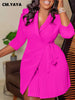Women Lace Wrap Notched Neck Pleated Blazer Style Dress Office Lady Vintage Sexy Party Three Quarter Sleeve Dresses