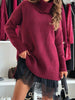 Autumn Winter Turtleneck Patchwork Mini Dress, Holiday Long Sleeve Chic Sweater Dress, Solid Loose Ladies Dress