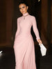 Autumn Elegant High Collar Long Sleeve Ruched Slim Fit Long Dress Women'S Solid Casual Party Club Street Clothes