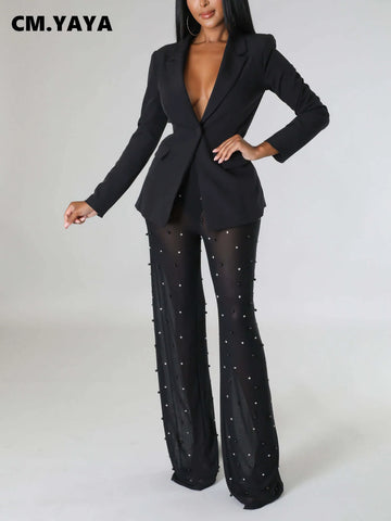 Street Chic Women's Set Long Sleeve Blazer Suit and Mesh Beading Pants Winter Two 2 Piece Set Outfit Tracksuit