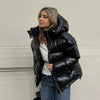 Solid Glossy Zipper Hooded Coats Women's Warm Elastic Waist Pleated Short Cotton Jacket Winter Lady High Street Outwear