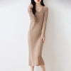 Women Pure Wool Sweater Dresses Long Sleeve Purllover 100% Merino Wool V-neck Knitwear Spring Autumn Grace Striped Dresses