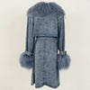 Lady Denim Jacket Mongolian Fur Collar Jacket Autumn Winter Long Trench Coat Fur Detachable Collar Fur Overcoats