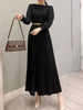 Elegant Women Pleated Dress Classy Smocked Cuffs Long Sleeve O Neck Fit and Flare Long Vestidos Commute Solid Party Robes