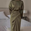 Elegant Women Tie-up Waisted Satin Dress Casual Female O-Neck Draped Long Dress Vintage Solid Color Bat Sleeve Robe Party Dress
