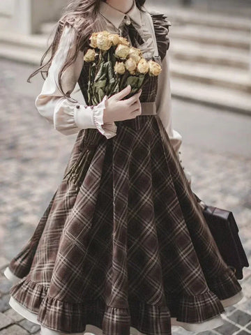 Fake Two-Piece Dress for Women Long Skirt Slim Fit Waist Cinching Vintage Lolita Plaid Bow Korean Style Winter