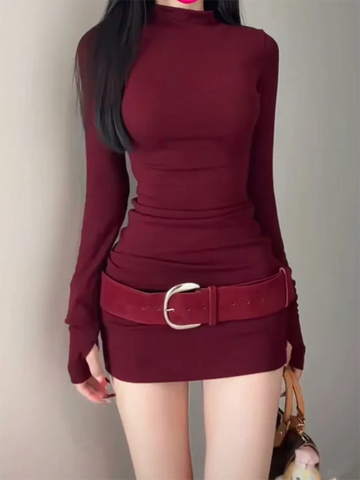 Long Sleeve Slim Bodycon Mini Dress Women Turtleneck Party Christmas Short Evening Club Outfit Dresses Belt Soild Color