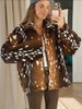 Women Chic Cropped Leopard Faux Fur Coat Contrast Black Fur Collar Cuff Button Short Furry Coats Lady Winter Chic Streetwear