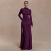 Solid Color Elegant High Neck Long Sleeve Ruched Ribbon Dress Women Bodycon Party Club Evening Dress Winter