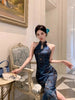 Chinese Style Woman Jacquard Satin Shoulder Digging Improved Slim Fit Cheongsam Printed Waist Cinching Dress Long S