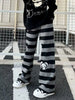 Japanese Stripe Wide Leg Trousers Y2k Aesthetic Kawaii Cartoon Embroidery Straight Pants Vintage Casual Loose Pantalones Women