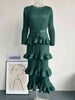 Long Pleated Dress Women Round Neck Solid Color Ruffles Cake Belt Dresses Multi-layer Female Elegant Clothing 2R6863