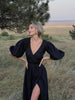 100% Cotton V-neck Waist Cinched Dress Unique Lantern Sleeve Sexy Slit Long Skirt Women's Casual Dresses