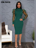 Elegant Women Floral Applique Mesh Long Sleeve Knit Ribbed Sweater Dress Autumn Winter Bodycon Dresses Vestidos