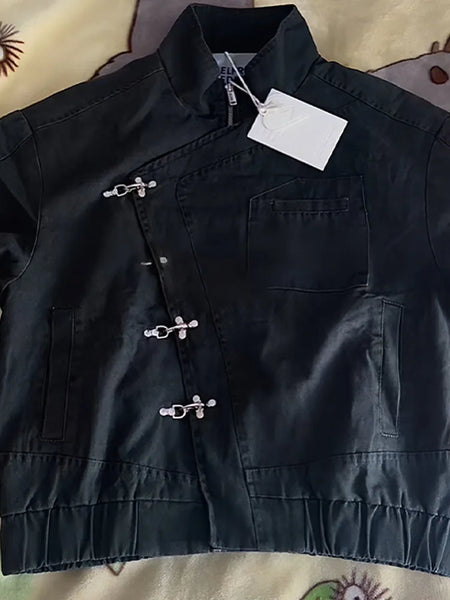 Single Breasted Buckle Zipper Design Versatile Jacket Lady Elegant Tops Spring Loose Casual Stand Collar Street Coat