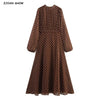Vintage Brown Polka Dot Print Long Puff Sleeve Chiffon Dress Woman Pleated Front Slim High Waist Ankle Length Dress Robe