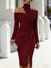 Women's White Off Shoulder Asymmetric Bodycon Dresses Autumn High Collar Cutout Long Sleeve Ruched Slit Slim Midi Dress