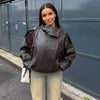 Black Jacket Women's Coat Faux Leather Jacket Outerwears Demi-Season Bomber Moto Biker Zipper Jacket High Neck Short Coat