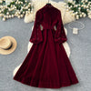 Women Rhinestone Lace Up Dresses Velvet Solid Dress A Line Lantern Sleeve Ankle Lenth Single Breasted Casual Elegant Autumn