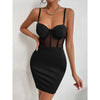 Black Sheer Mesh Slim Dress Women Sexy Thin Strap Lace Square Neck Ruched Detail Long Sash Tie Dresses Lady Club Party Y2k Wear