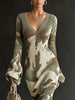 Women's Vintage Camo Print Knitted Maxi Dress Elegant V-Neck High Waist Flare Long Sleeve Slim Fit Tassel Hem Sweater Chic Dress