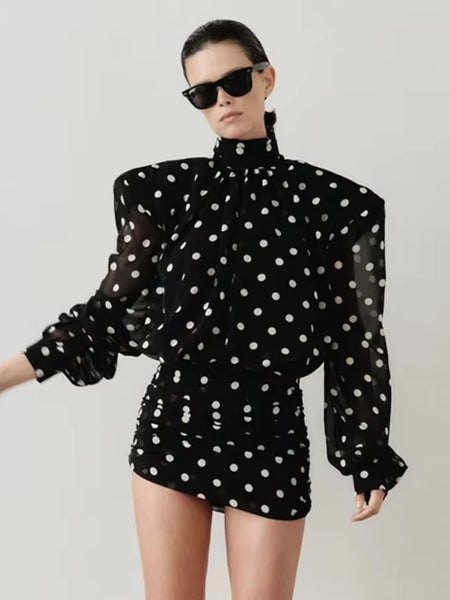 See Through Mini Dress Woman Turtleneck Mesh Full Sleeve Polka Dot Print Skinny Peach Hip Street Ruched Elegant Bodycon