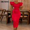 Women Short Ruffles Sleeve O-neck Ribbon Bodycon Midi Dress Street Africa OL Evening Sexy Party Dresses Vestido