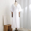 Causal 100% Cotton Women's Dress Vintage Crepe Gauze V-Neck Puff Sleeve Bandage Lace Up Elegant White Dresses Long Maxi Robe