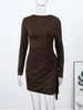 Sexy Pleated Ribbon Short Dress Women Solid Long Sleeve Slim Empire Hip Package Party Dress Spring Night Club Robe