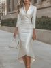 French Women's V-neck Dress Satin Light Elegant Female High Waist Slim Long Sleeve Office Lady Midi Skirt