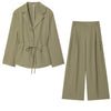 Spring and Autumn Women Notched Solid Color Casual Shoulder Pads Shirts Loose Long Pants Two Pieces Sets